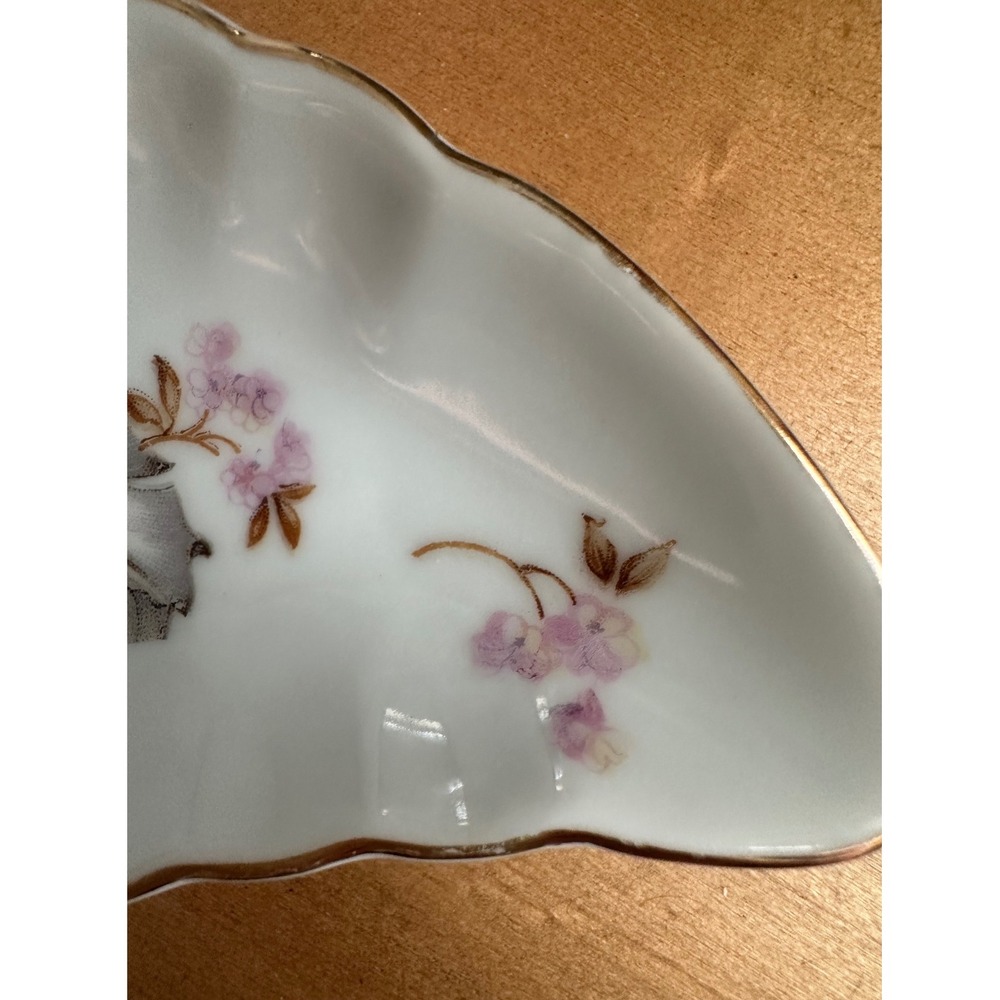 Andrea by Sadek Floral Crescent Bone Dish Pink Grey Gold Gilt Japan 7753 Vintage - Picture 6 of 8